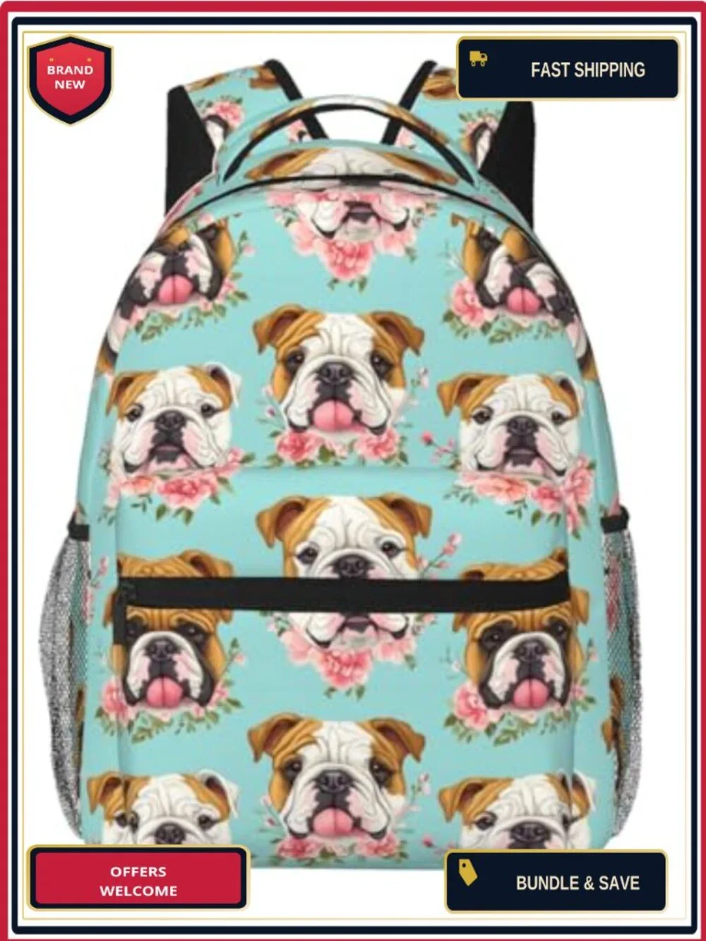 Floral Bulldog Backpack Lightweight Polyester Laptop Daypack for School Travel
